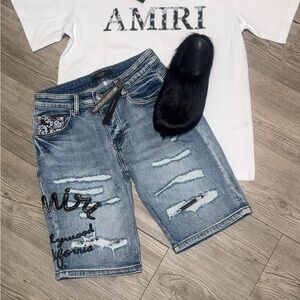 AMIRI Graphic Tee and Distressed Denim Shorts Set